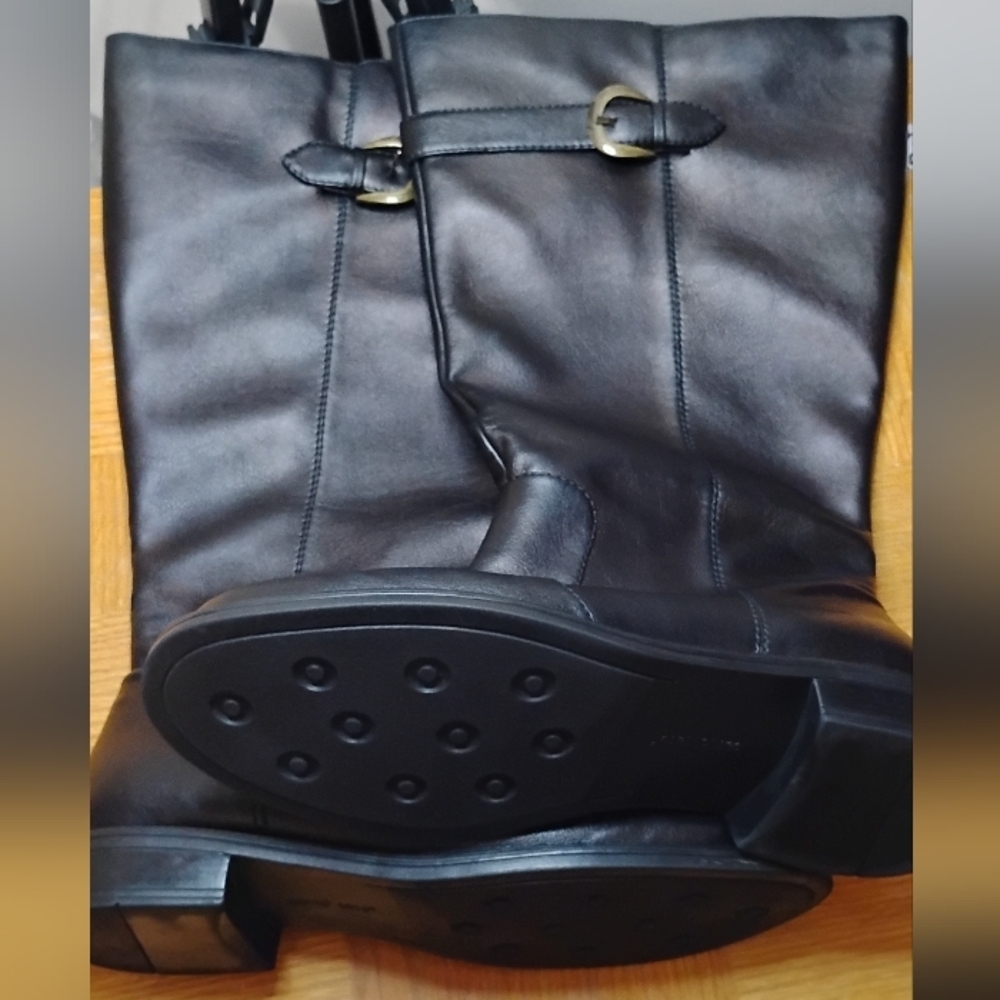 David Tate women’s stallion black polyurethane, tall boot buckle side zip healed